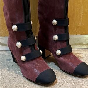 CHANEL Burgundy and Black Heeled Boots with Pearl Detail from Russian collection